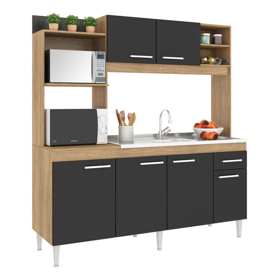 Kit De Cocina Compacta 6 Puertas 1 Cajón 177 X 189 X 52 Cm Color Teka - Grafito