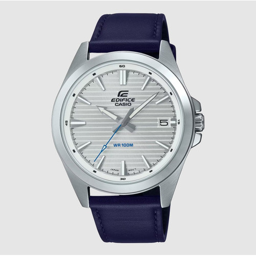 Reloj Casio Edifice EFV-140L-7av para hombre, color de correa azul oscuro, color de bisel plateado, color de fondo blanco