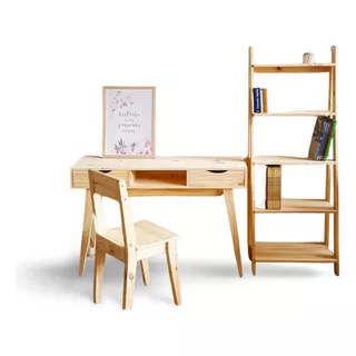 Combo Escritorio + Biblioteca + Silla Madera Pino Nordico 