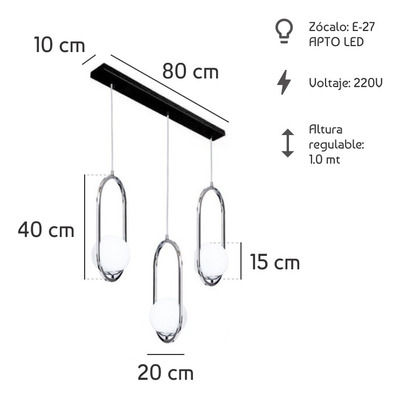 Colgante 3 Luces Marsella Oval Cromo Globo Opal Apto E27 