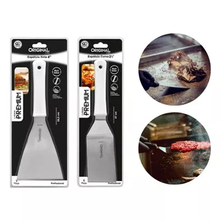 Original Line Premium Inox Kit 2 Espatulas Inox Reta E Curva P/ Lanches Chapa Cozinha Cor Branco/cromado