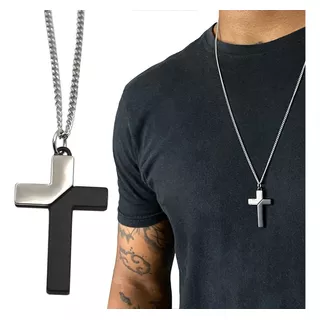Corrente Masculina Colar Crucifixo Cruz Prata Preta Aço Inox