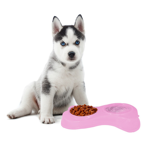 Comedero Doble Para Perros Y Gatos Plato Alimento Mascotas Color Rosa