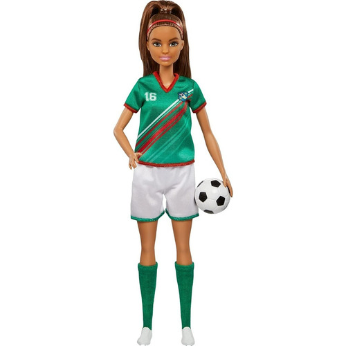 BARBIE Mattel , Muñeca Profesiones, Jugadora de Fútbol con Playera Verde, para Niñas de 3 Años en Adelante, 