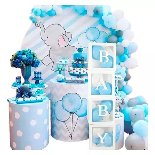 Arco De Globos Baby Shower Azul Gris + 4 Cubos Mobiliario