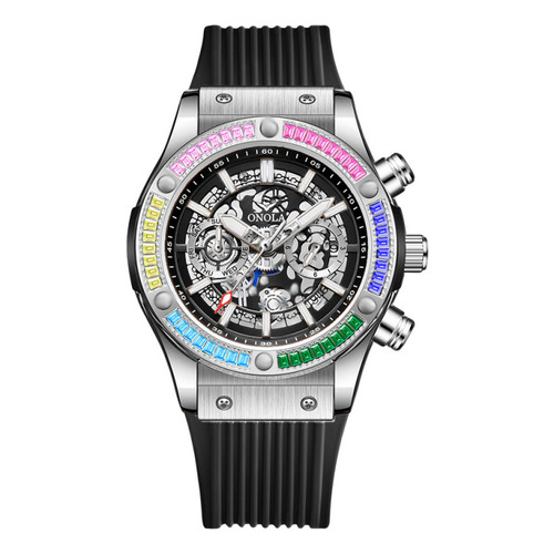 Reloj Mecánico Onola Skeleton Rainbow Diamond Color Del Bisel Silver Black