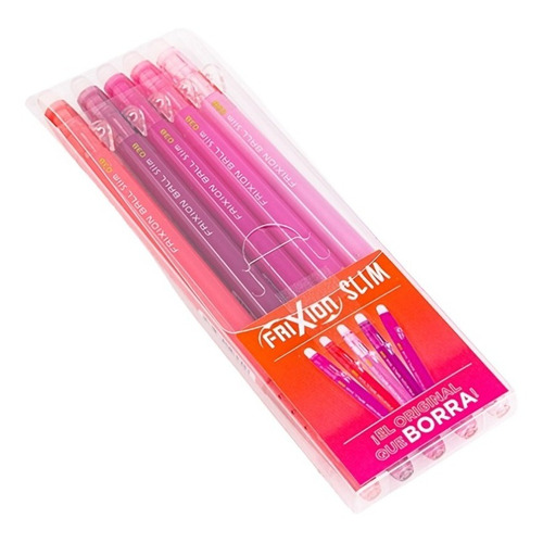 Set 5 Lápices Gel Frixion Ball Slim Punta 0,38 Mm Rosados