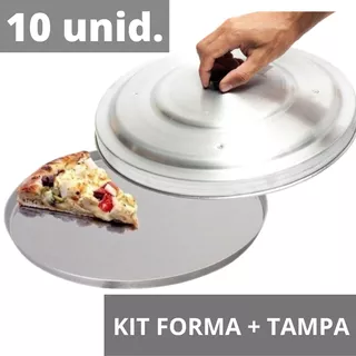Kit 10 Forma 35cm + Tampa Abafador Forma Pizza 36cm Alumínio