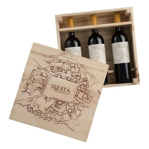 Vino Siesta Malbec X 3 Botellas En Caja De Madera