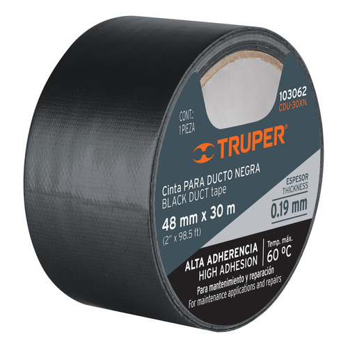 Cinta Negra Para Ducto 30m X 48mm, Esp. 0.19mm Truper 103062 Color Negro Cdu-30xn