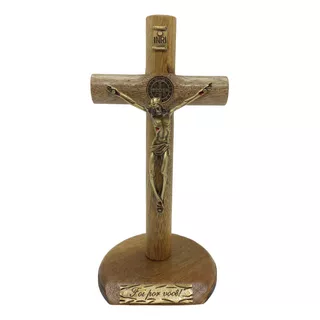 Crucifixo De Mesa 17cm Madeira Maciça Natural Foi Por Você
