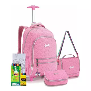 Kit Mochila Rodinha Estojo Lancheira Escolar Adolescente Top