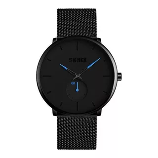 Reloj Pulsera Skmei 9185 De Cuerpo Color Negro, Analógico, Fondo Negro, Con Correa De Acero Color Negro, Agujas Color Negro Y Azul, Dial Negro, Subesferas Color Negro, Minutero/segundero Negro Y Azul,