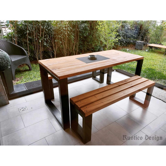 Juego De Mesa Y Bancos De Madera Exterior Interior