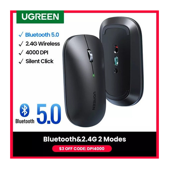 Ratón inalámbrico Ugreen de 2,4 GHz, Bluetooth 4000 dpi, color negro