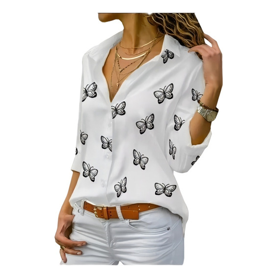 Blusa De Manga Larga Con Cuello En V Y Estampado De Maripos