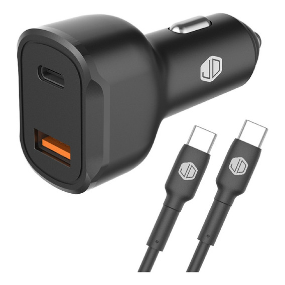 Cargador De Auto Jd C-49 Negro Doble Puerto + Cable Usb C A Usb C 12v 1.5a 60w Carga Rapida 