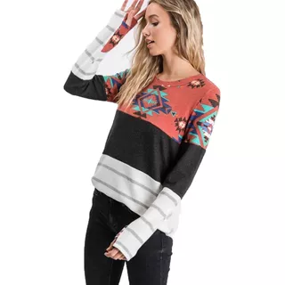 Blusa M/ Larga Combinada Rayas Aztec Print Termica T/s, Ex