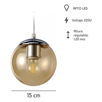 Colgante 1 Luz Globo 15cm Vidrio Ambar Moderno Apto Led E27