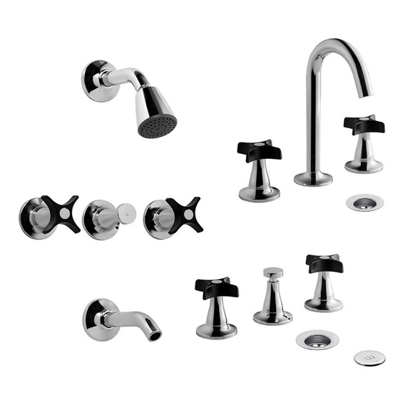 Combo Grifería Baño Fv Petalo M3 Cierre Ceramico Negro Cromo