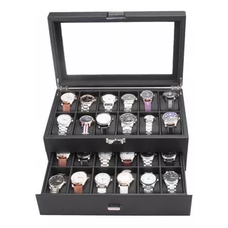 Caja De 2 Niveles En Cuero Negro Para Guardar 24 Relojes