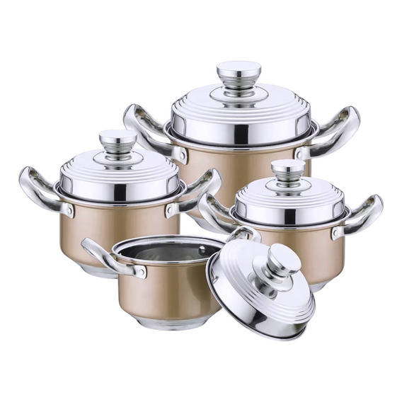 Juego 4 Ollas 8 Piezas Acero Inoxidable De Cocina Cacerola Beige