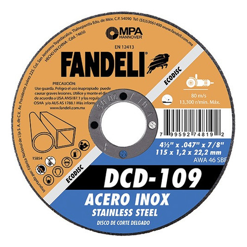 Disco De Corte Delgado Acero Inox 4 ½ 74819 Fandeli Fandeli