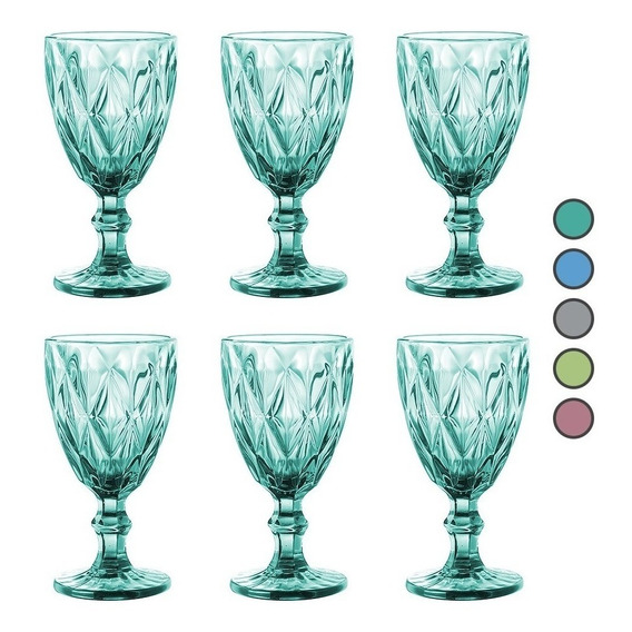Juego 6 Copas De Vino Agua Vidrio Cristal Color Grande 340ml Color Azul Tiffany