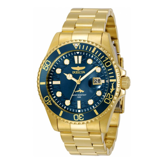 Reloj pulsera Invicta Pro Diver 30024 de cuerpo color oro, analógico, para hombre, fondo azul, con correa de acero inoxidable color oro, agujas color blanco y oro, dial blanco y oro, minutero/segunder