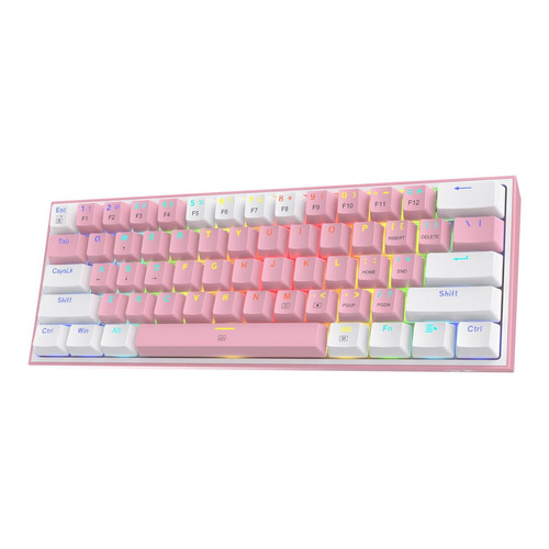 Teclado gamer Redragon Fizz K617 QWERTY inglés US color rosa y blanco con luz RGB