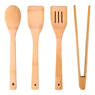 Set De 4 Utensilios Bambu Pinza 2 Espatulas Y Cuchara Color Madera