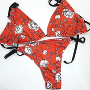 Bikini Mujer Roja Estampado Rosas - Traje De Baño -
