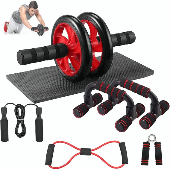 Kit Ejercicio 7 Rodillo Abdominal Barras Push-up Ejercitador