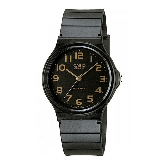 Reloj pulsera Casio Collection MQ-24 de cuerpo color negro, analógico, fondo negro, con correa de resina color gris oscuro, agujas color dorado, dial dorado, minutero/segundero dorado, bisel color neg