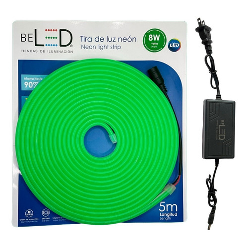 Tira Led Neon Flex 5m 12v Con Fuente 12v 3a Decorativa Color de la luz Verde