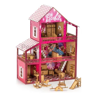 Casinha Boneca Barbie Adesivada Mdf E 36 Móveis + Parquinho