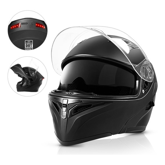 Casco Abatible Moto Certificado Dot Luz Led Negro Mate