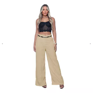 Calça Feminina Alfaiataria Pantalona Flare Com Cinto