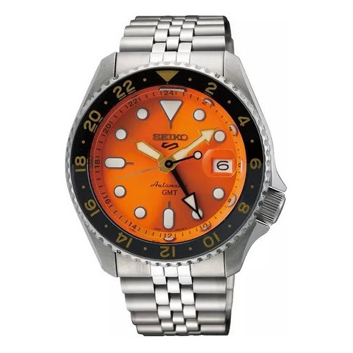 Reloj Seiko Automático Acero Inoxidable  Gmt Ssk005 Wr100 Color Del Fondo Naranja Color De La Malla Plateado Color Del Bisel Plateado