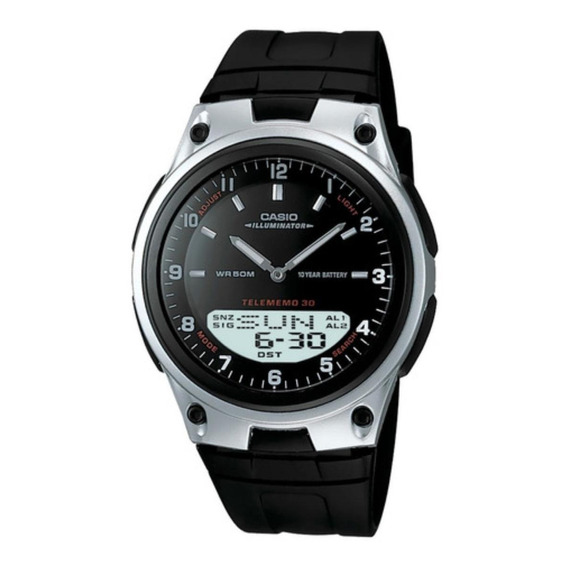 Reloj pulsera Casio Collection AW-80 de cuerpo color plateado y negro, analógico-digital, fondo negro, con correa de resina color negro, agujas color plateado y blanco, dial blanco y plateado, minuter