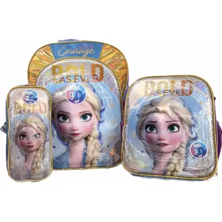 Set Kit Mochila Grande Primaria, Lonchera Y Lapicera Escolar Ruz Primaria Frozen Elsa 3d