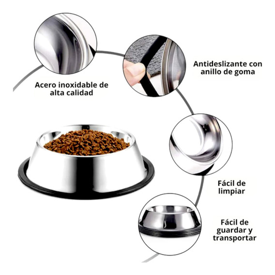 Plato Tazón Comedero Para Perros Antiderrapante 32oz Grande Color Plata