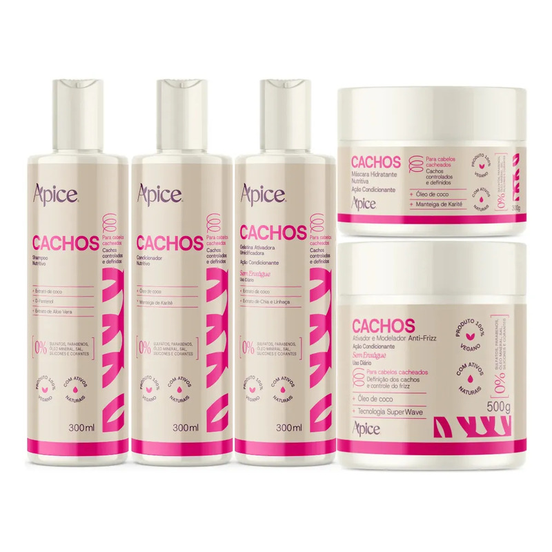 Apice Cachos Nutritivo Shampoo Condicionador Apse Gelatina Ativadora Umidificadora + Máscara Hidratação 300g Cabelos Cacheados Crespos Ondulados