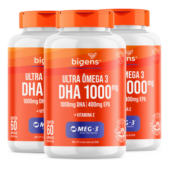 Kit de 3 cápsulas Ultra Omega 3, 1000 mg de DHA, 400 mg de EPA, certificado internacional de seguridad Meg-3, Biogens