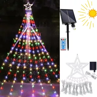 Luz Navideña Cascada Recargable Con Energía Solar Luces Estrella Luz Multicolor