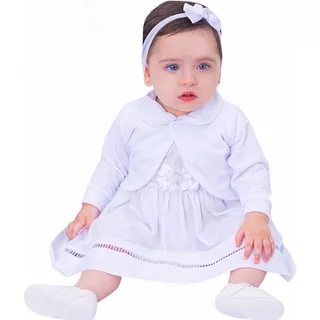Vestido Com Bolero E Tiara Batizado Infantil Bebê Menina