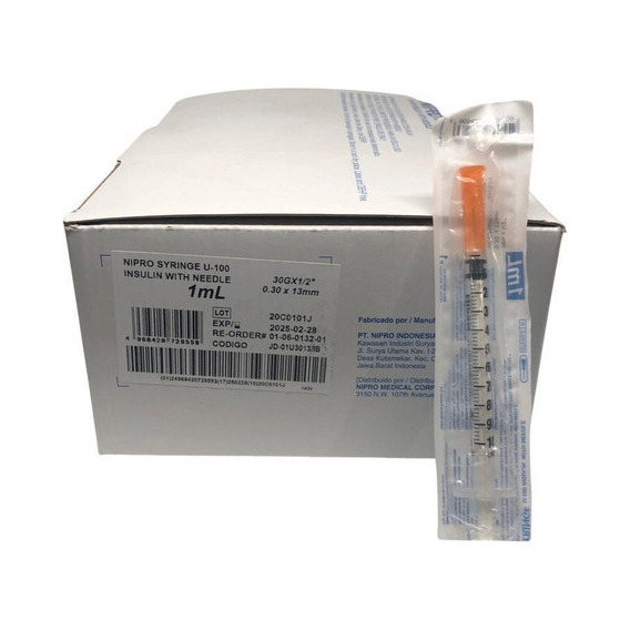 Jeringa Desechable Insulina 30g X 1/2 100 Unidades Nipro Capacidad En Volumen 1 Ml