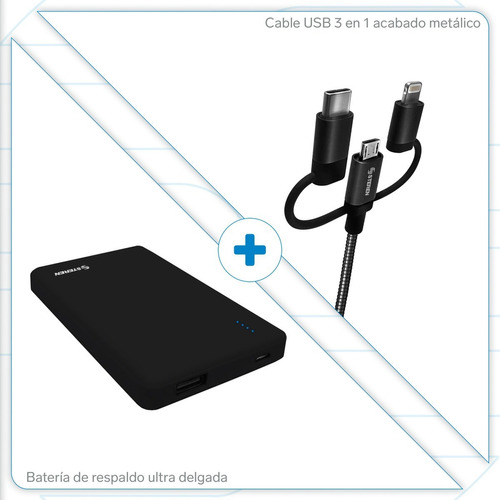 Kit Power Bank 5000 Mah Cable Tipo C Mini Usb Y Lghtning Mov Color Negro