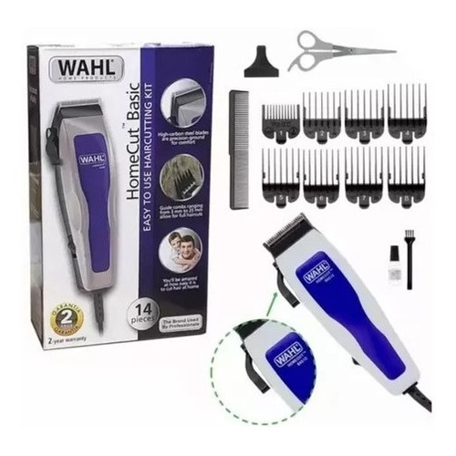 Maquina Peluquera Basic Homecut + 14 Piezas Accesorios Wahl Color Blanco/Azul 110V/220V