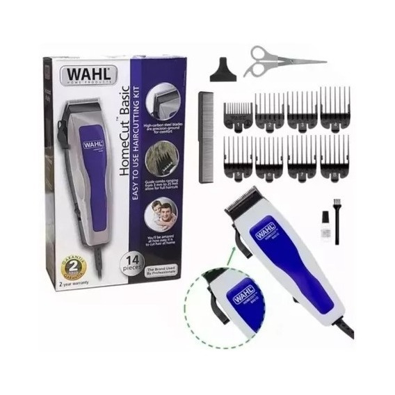 Maquina Peluquera Basic Homecut + 14 Piezas Accesorios Wahl Color Blanco/Azul 110V/220V